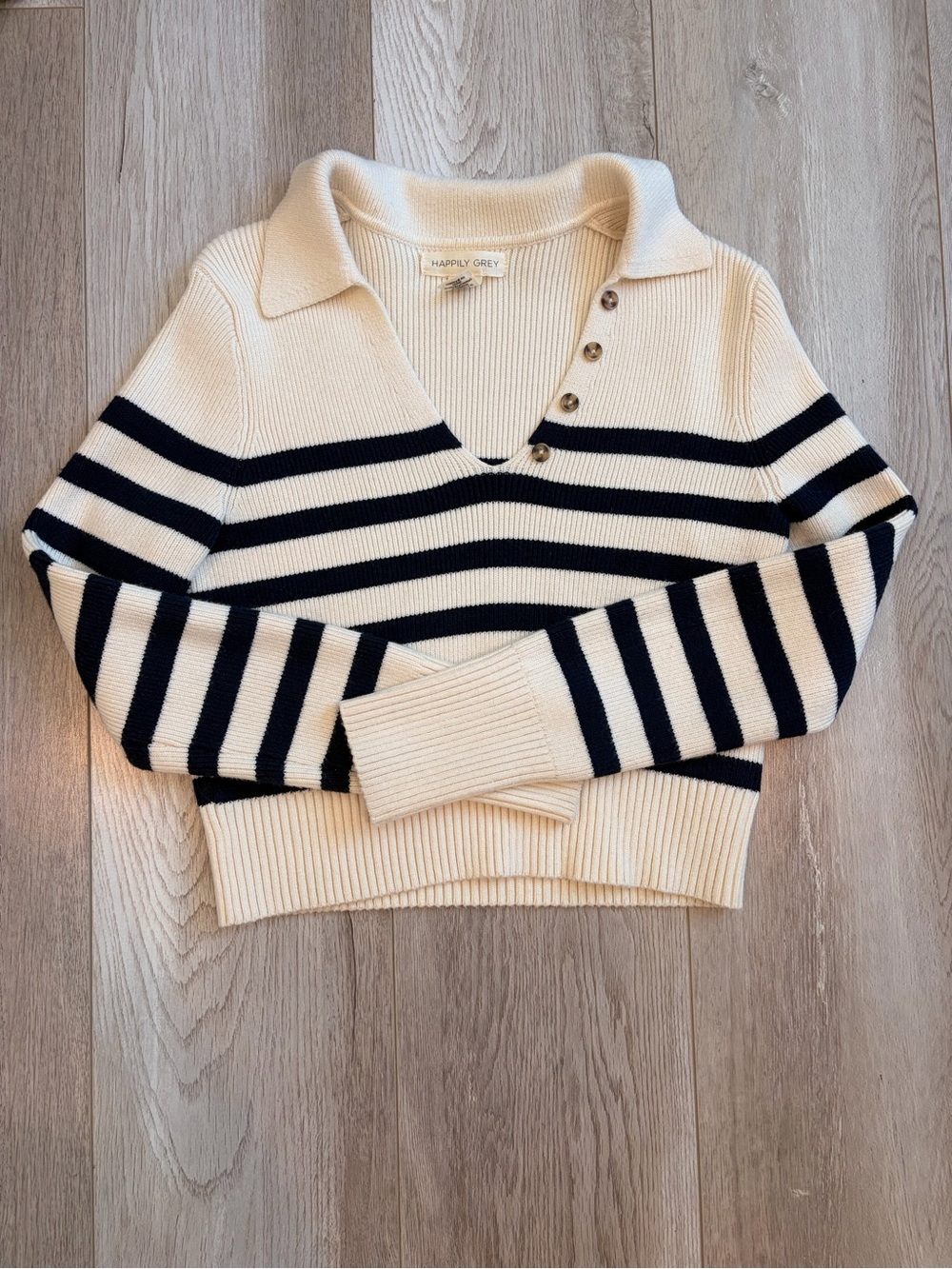 Happily Grey Women's Cream & Black Striped V-Neck Polo Sweater